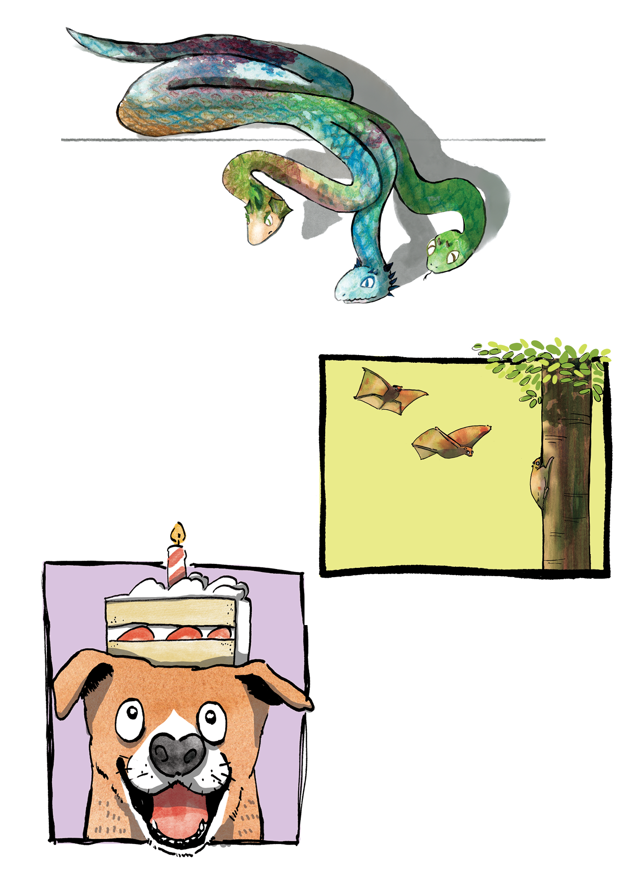 expressive animal illustrations including a 3 headed snake, colugo and a dog