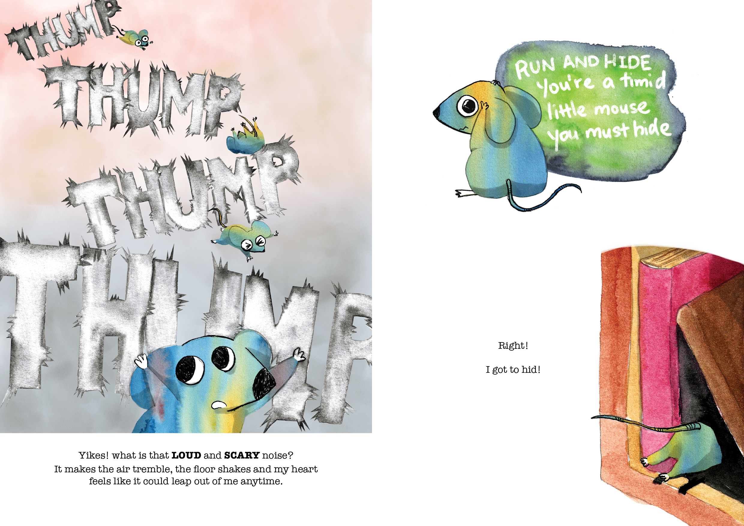 watercolour illustration of a mouse running away from a loud noise