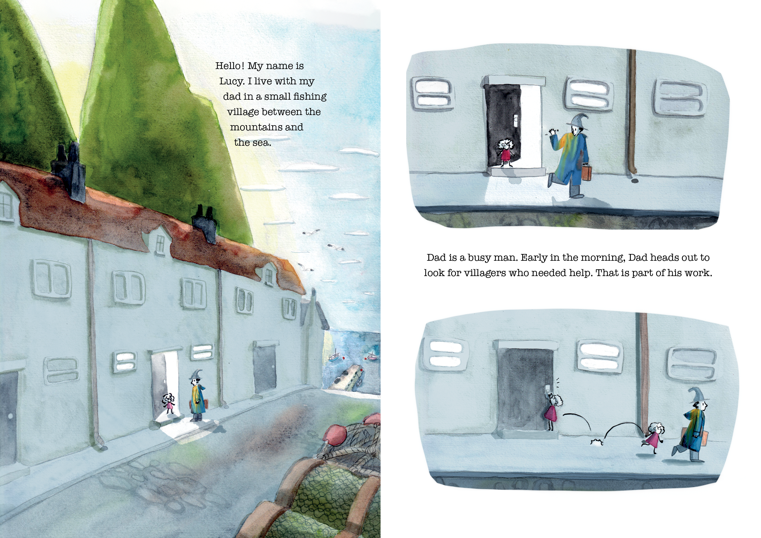 illustration of a fishing village in the morning