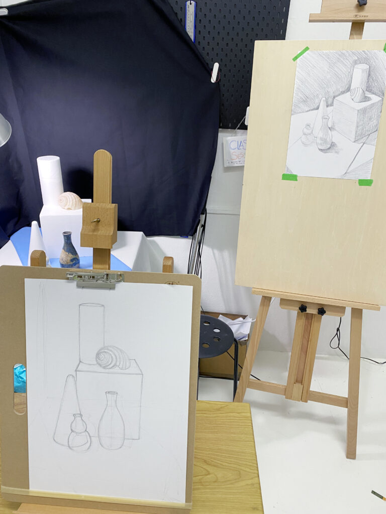 Still life drawing set-up with 2 easels