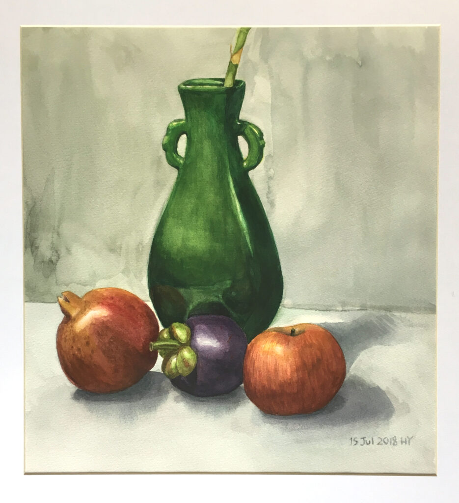 Picture of a still life painting of a pomegranate, apple, mangosteen and a vase